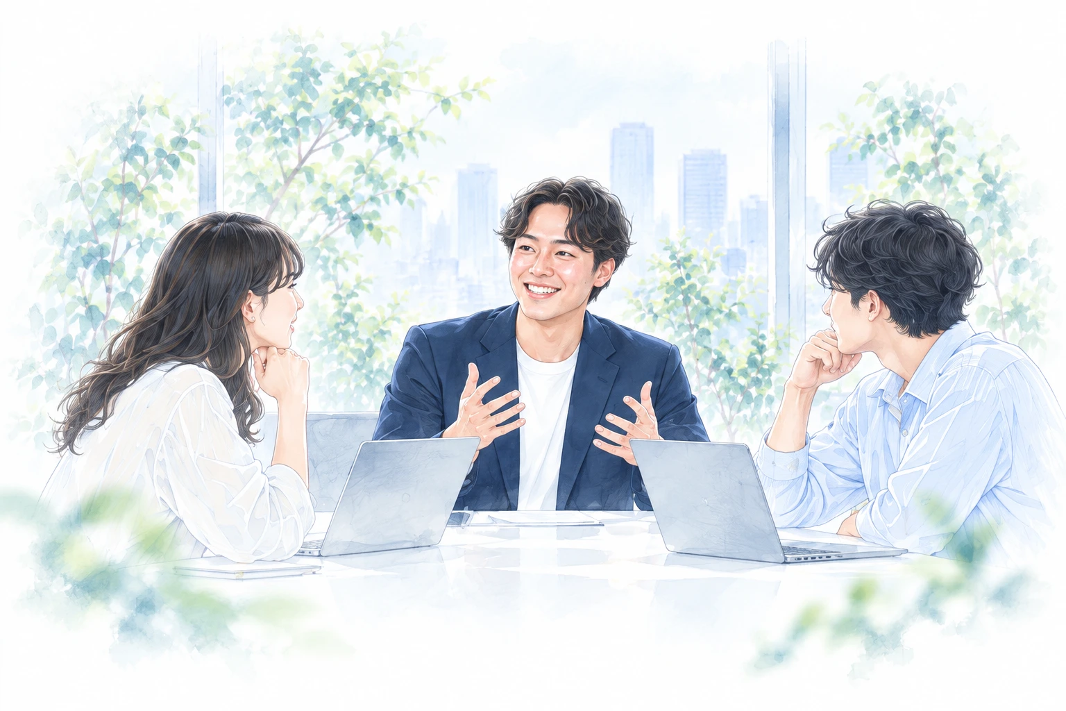 人々と対話する吉崎亮介のイラスト