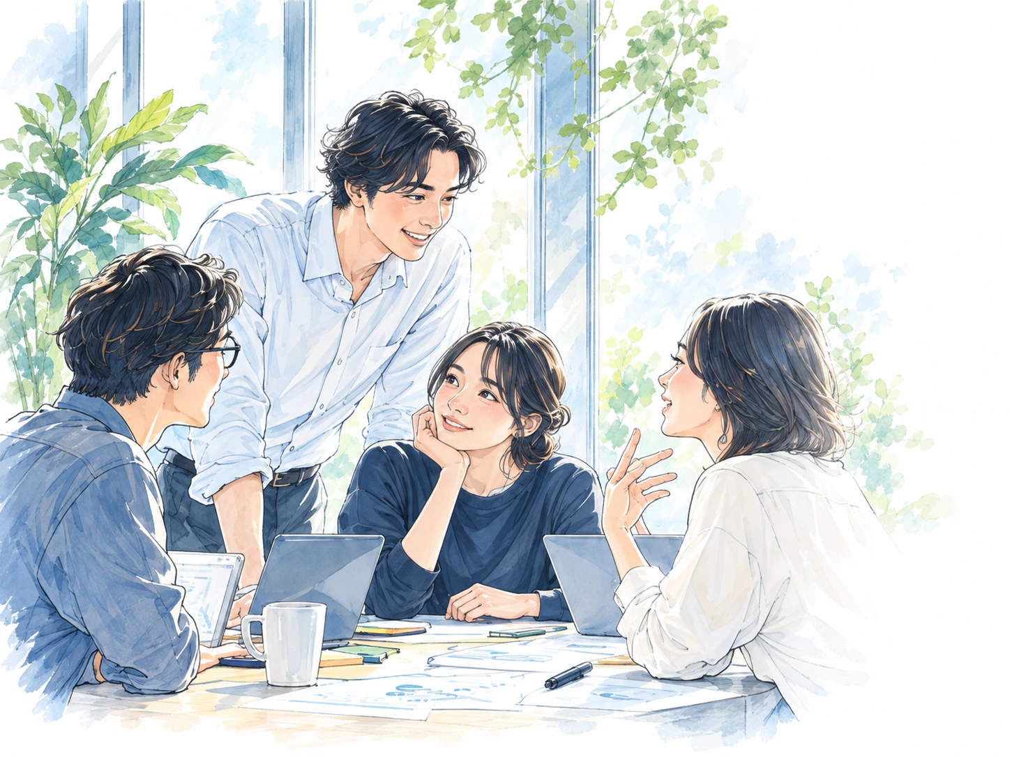 机を囲んで、一緒に構想を話し合う仲間たち