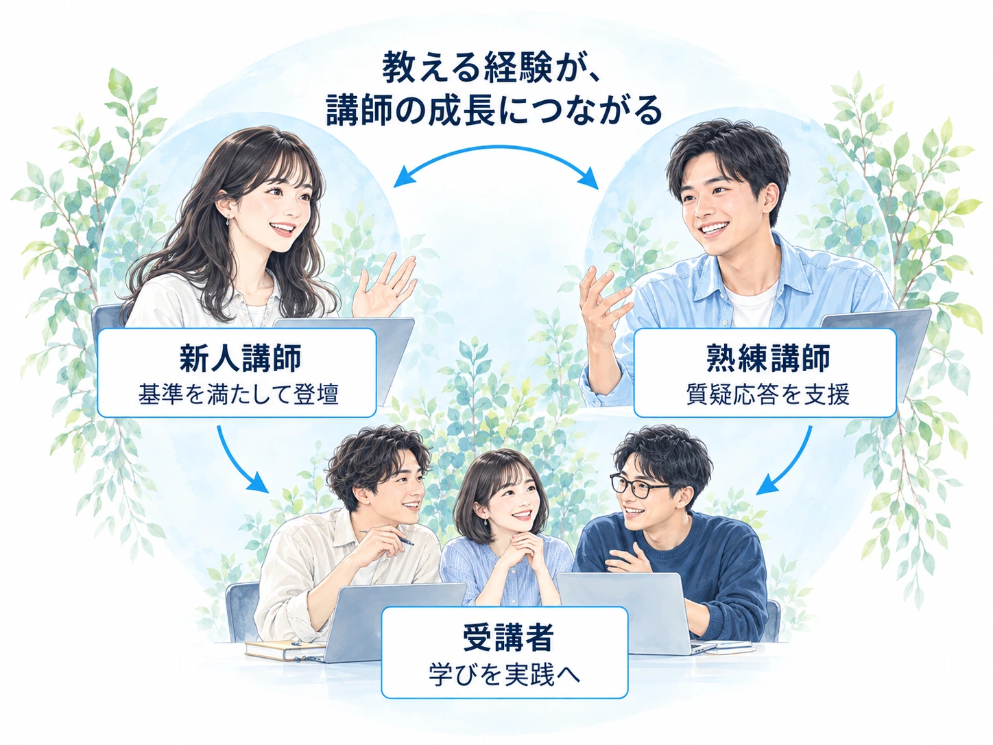 新人講師が講義を担い、熟練講師が難しい質問を支援する関係。双方の力で学びの品質を支える。