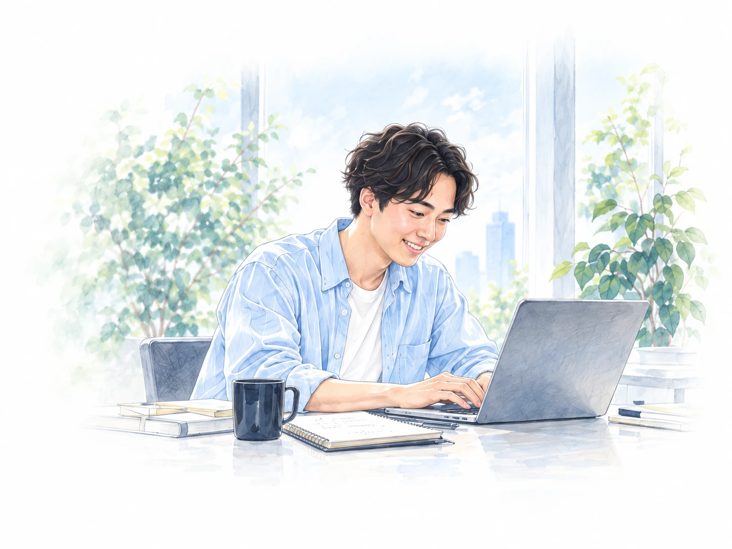 仕事の構造と向き合いながら考える人のイラスト